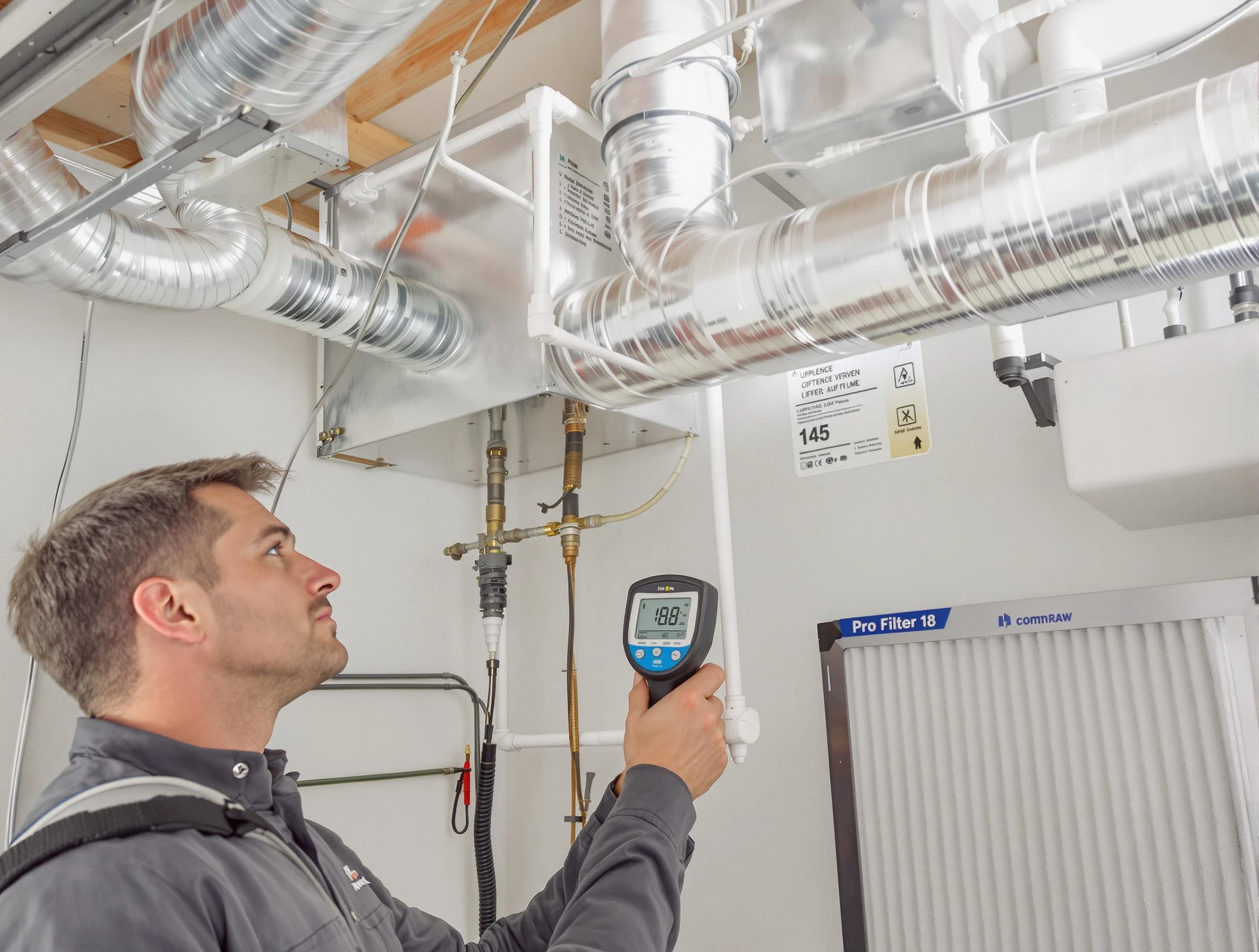 Revere Air Duct Cleaning expert conducting detailed filter system inspection using diagnostic tools in Revere