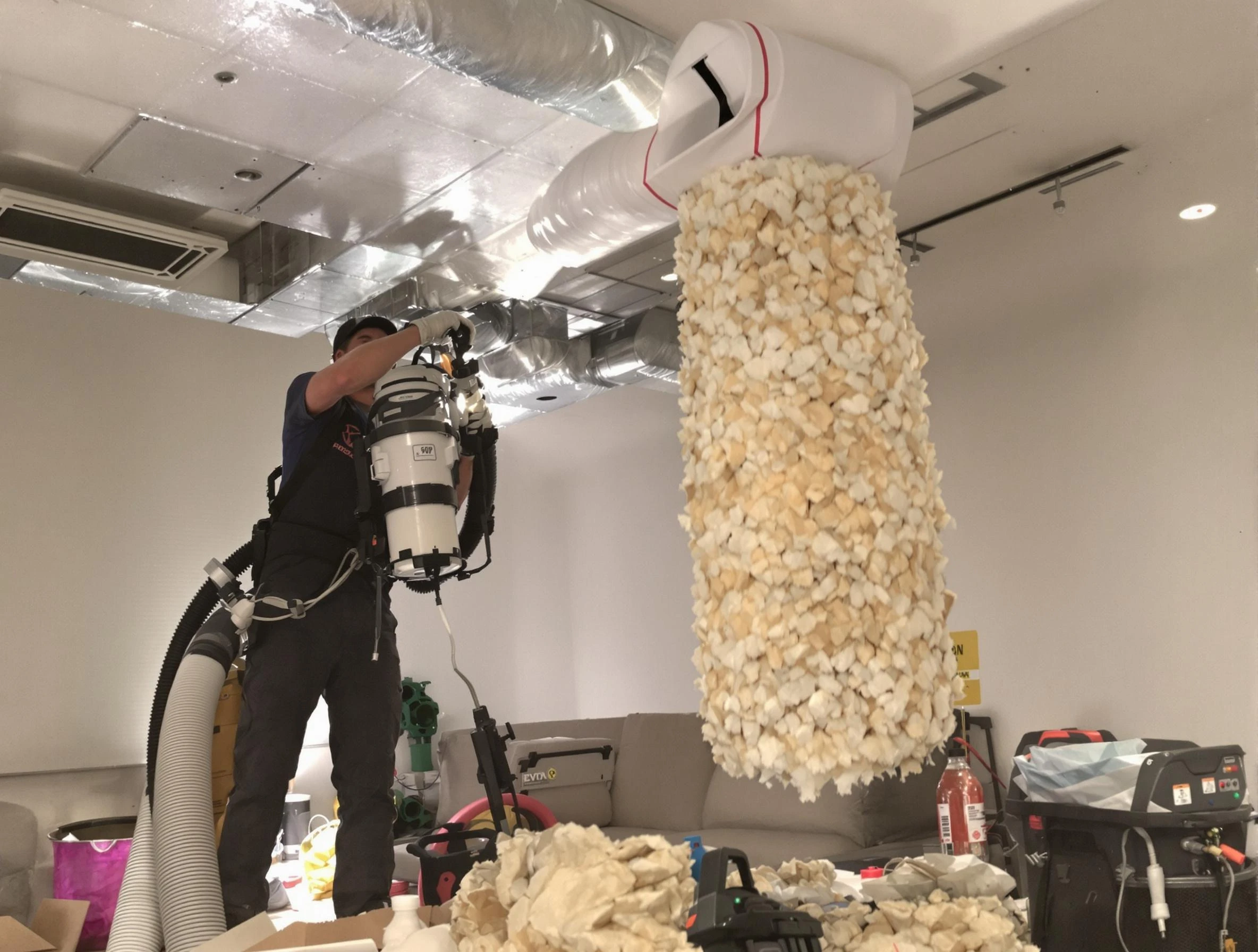 Revere Air Duct Cleaning technician performing precision vacuum insulation removal in a residential property in Revere