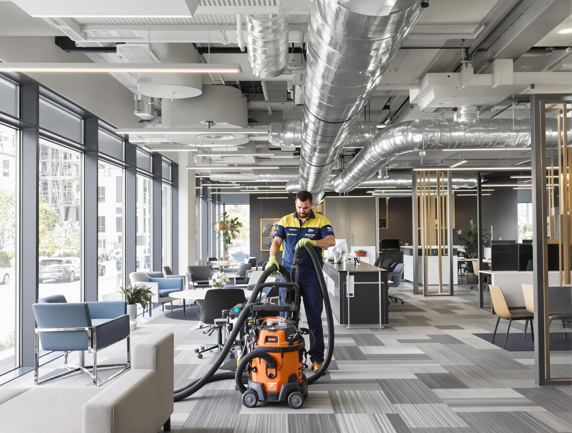 Revere Air Duct Cleaning team performing thorough commercial duct cleaning at a Revere business center