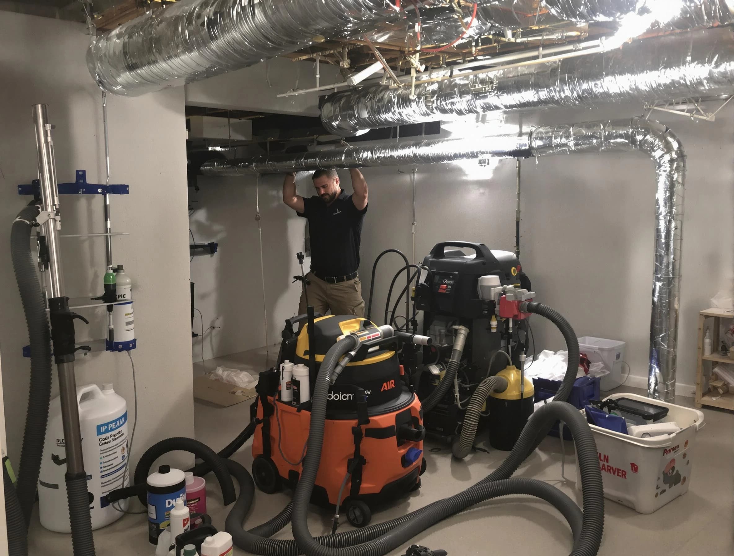Revere Air Duct Cleaning specialist performing professional mold removal from air ducts using safety equipment in Revere